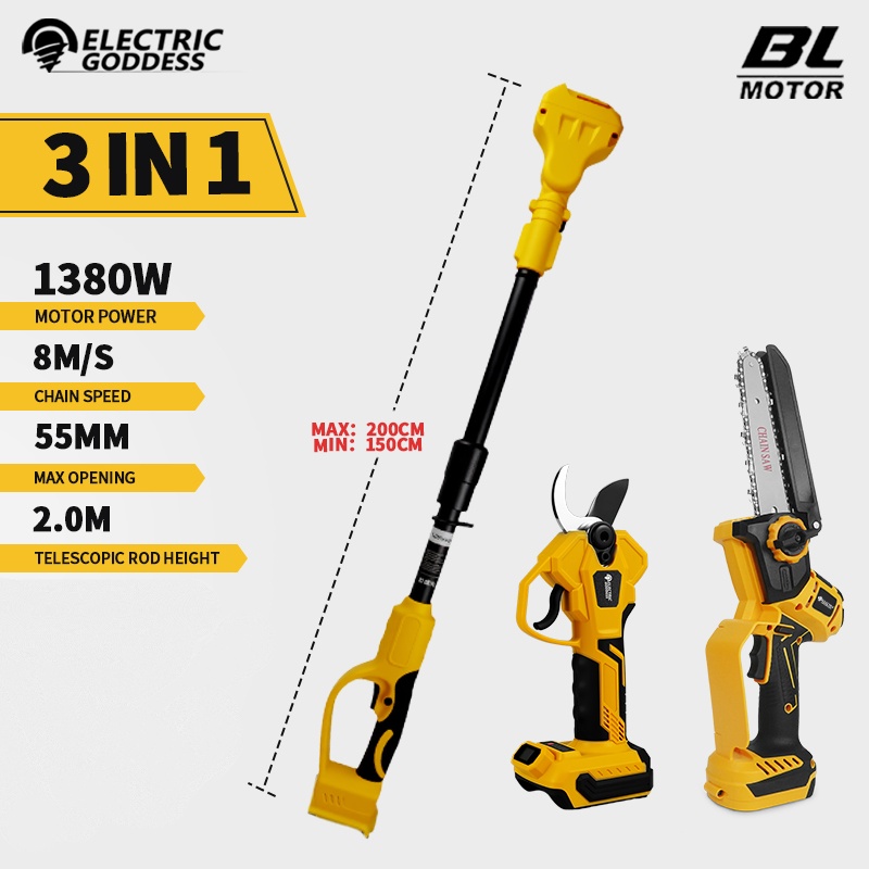 Gardening Tools Usa - เลื่อยโซ่ไฟฟ้าไร้แปรงถ่าน 6 นิ้ว พร้อมด้ามตัดแต่งกิ่งแบบยืดหดได้ สำหรับตัดกิ่งสูง เครื่องมือตัดแต่งกิ่งไม้ในสวน